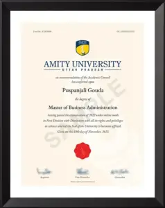 Amity University MBA Sample Certificate