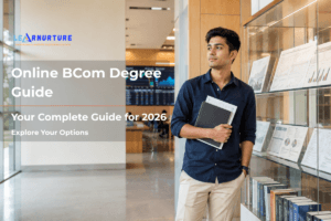 Student exploring an online BCom degree at a modern university campus