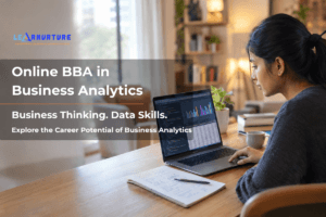 Indian student studying Online BBA in Business Analytics with a data analytics dashboard