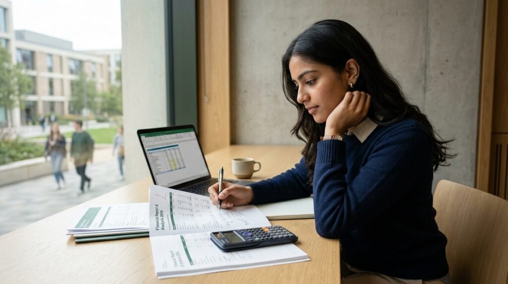 Indian undergraduate student analysing financial reports for an Online B.Com programme.