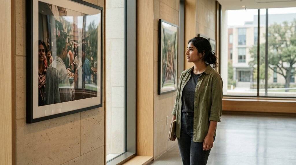 Indian undergraduate student exploring cultural photography in a contemporary university space for an Online BA programme.