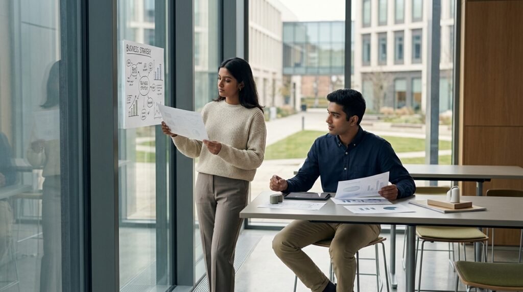 Indian undergraduate students collaborating on a business strategy project for an Online BBA programme.