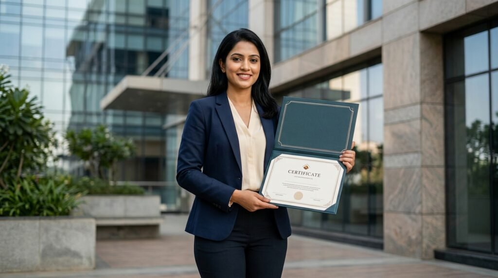 Professional holding a certificate after completing business management training.