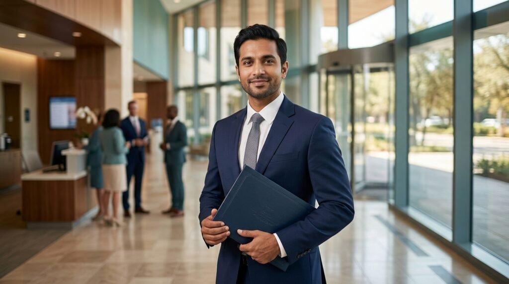 Indian male professional holding a certificate in hospitality and healthcare management.