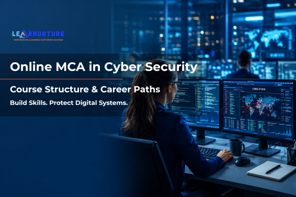 Student studying cybersecurity concepts for an Online MCA programme